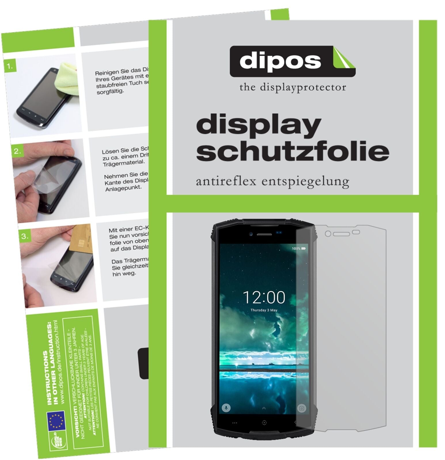DoogeeS55 mit aufgebrachter dipos Displayschutzfolie, die lästige Fingerabdrücke minimiert