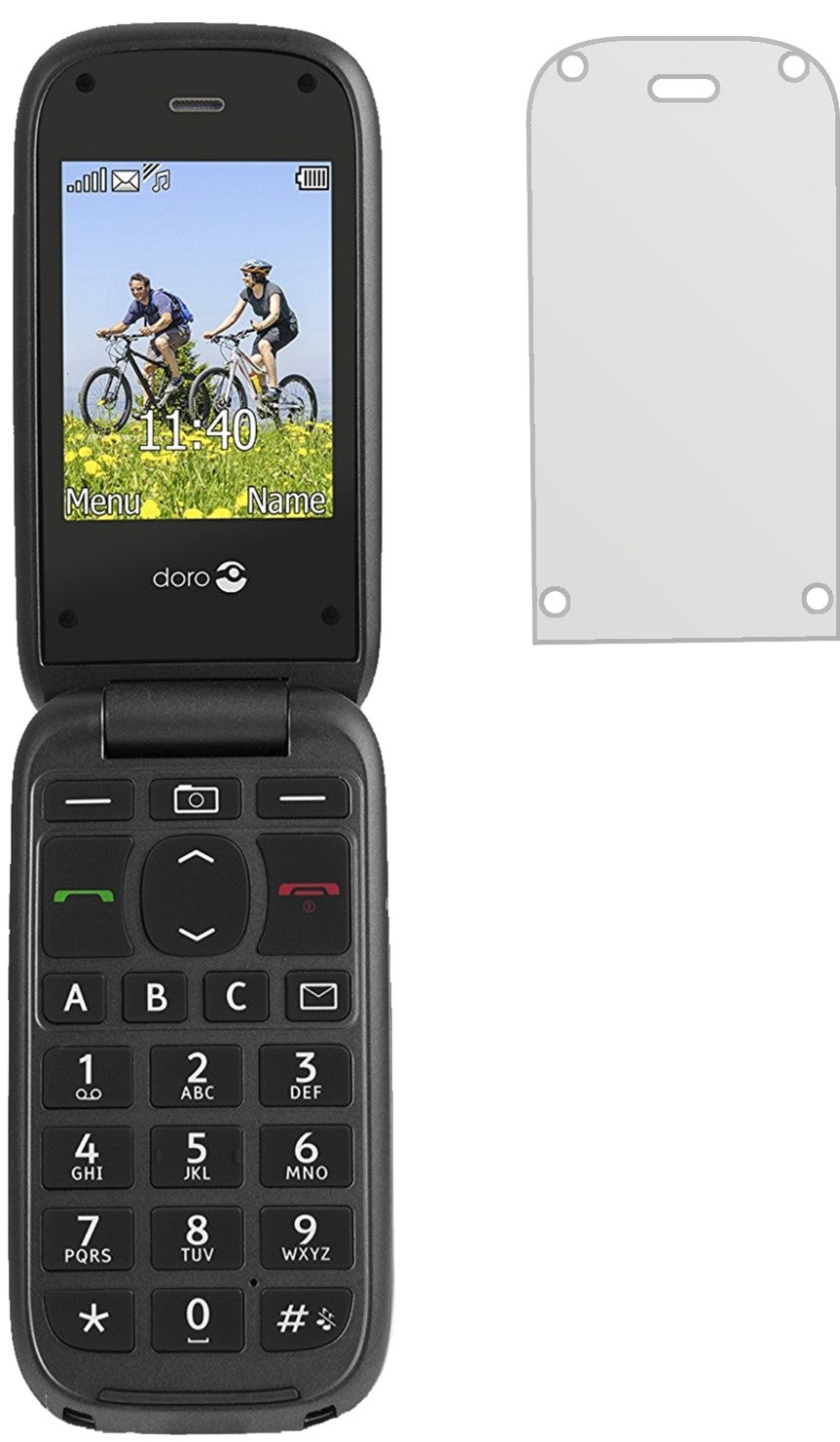 DoroPhoneEasy 613 mit aufgebrachter dipos Displayschutzfolie, die lästige Fingerabdrücke minimiert