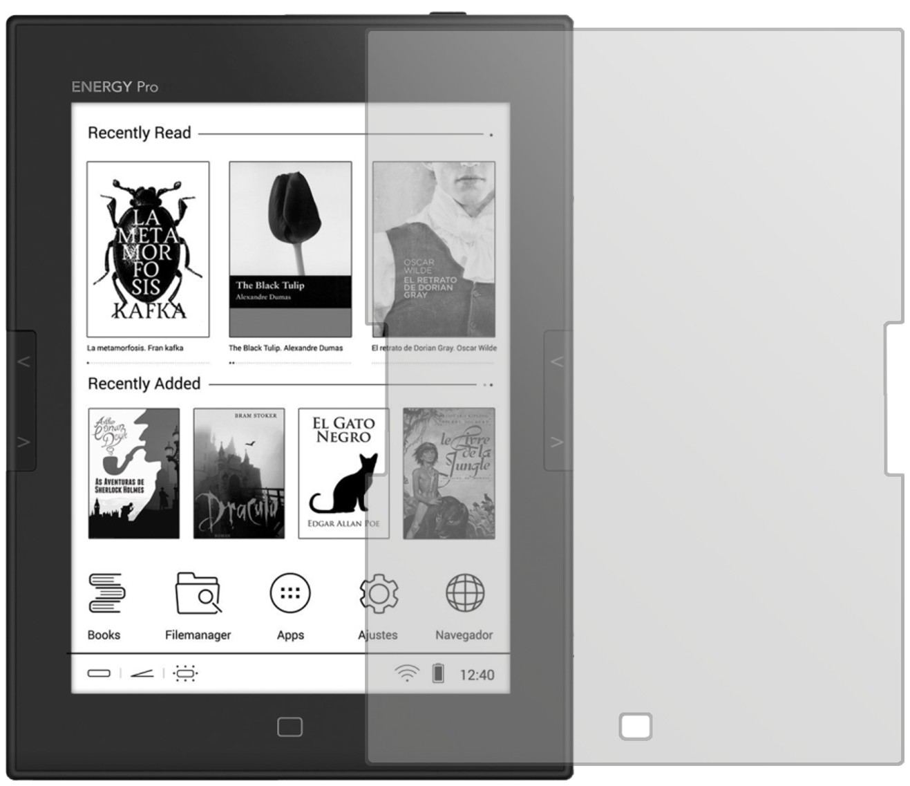EnergySistem eReader Pro HD mit aufgebrachter dipos Displayschutzfolie, die lästige Fingerabdrücke minimiert