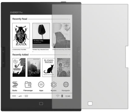 EnergySistem eReader Pro HD mit aufgebrachter dipos Displayschutzfolie, die lästige Fingerabdrücke minimiert