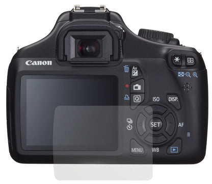 EOS 1100DCanon mit aufgebrachter dipos Displayschutzfolie, die lästige Fingerabdrücke minimiert