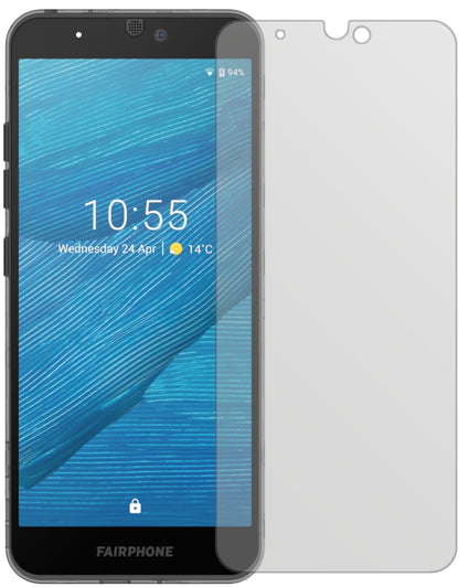 Fairphone3 mit aufgebrachter dipos Displayschutzfolie, die lästige Fingerabdrücke minimiert