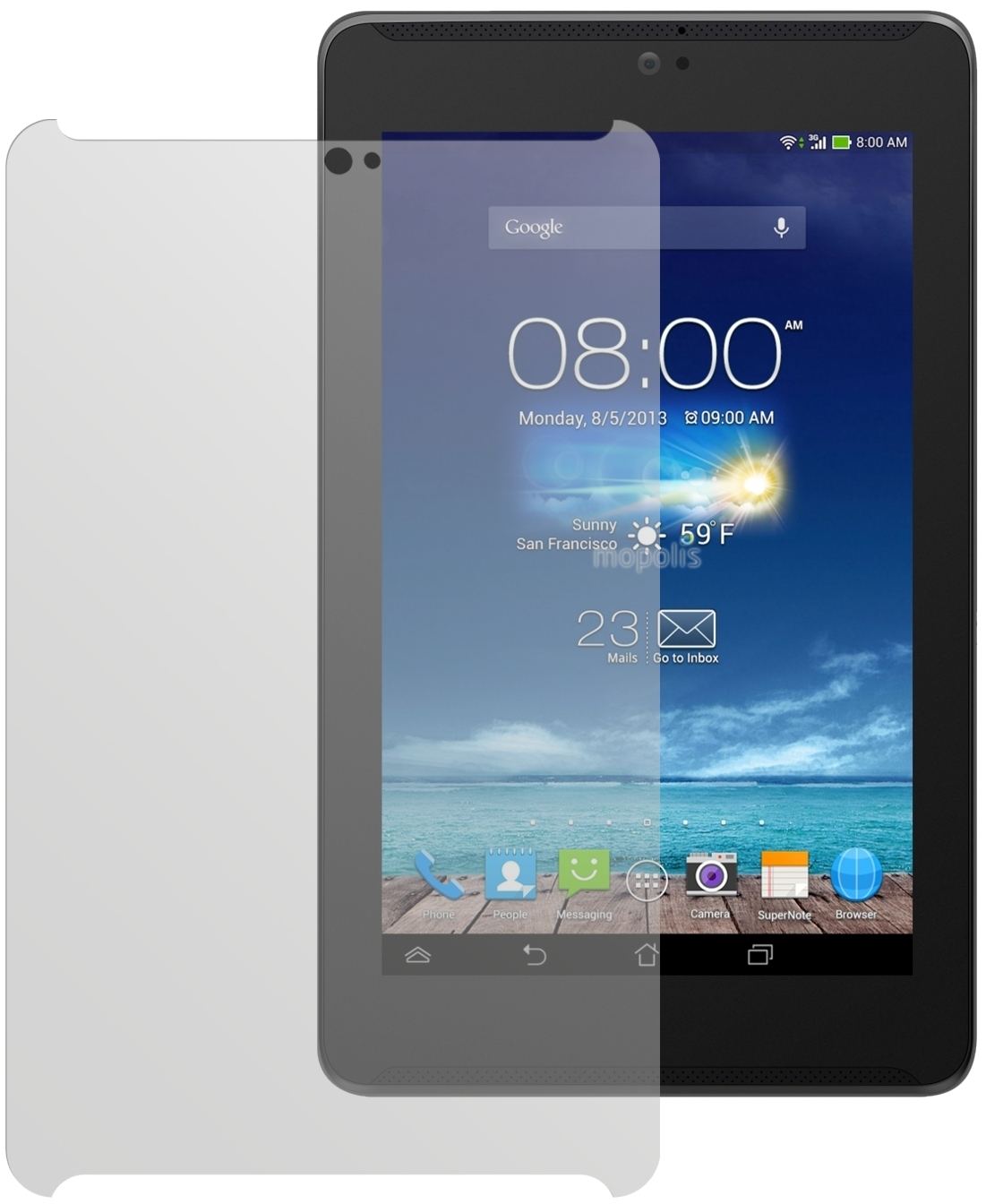 Fonepad 7Asus mit aufgebrachter dipos Displayschutzfolie, die lästige Fingerabdrücke minimiert