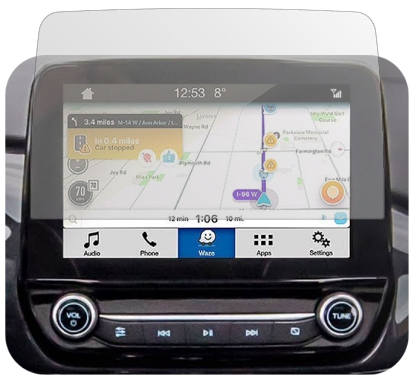 FordEcoSport Display (ab 2017) mit aufgebrachter dipos Displayschutzfolie, die lästige Fingerabdrücke minimiert