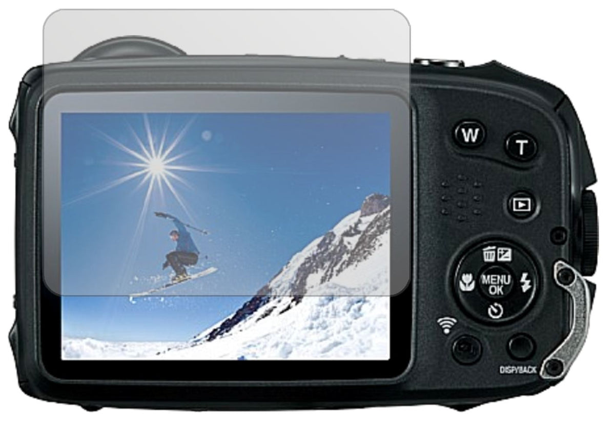 FujifilmFinePix XP120 mit aufgebrachter dipos Displayschutzfolie, die lästige Fingerabdrücke minimiert