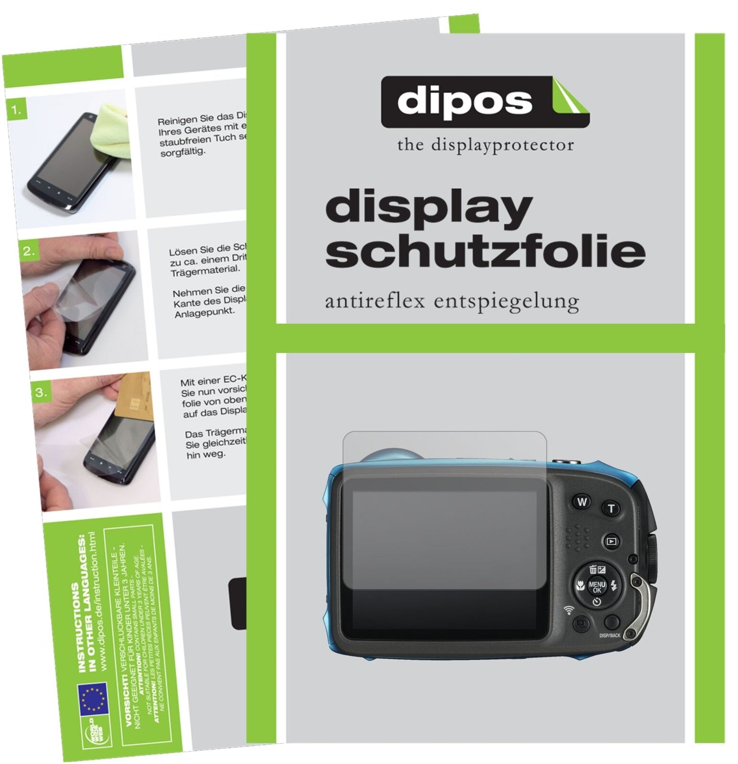 FujifilmFinePix XP130 mit aufgebrachter dipos Displayschutzfolie, die lästige Fingerabdrücke minimiert