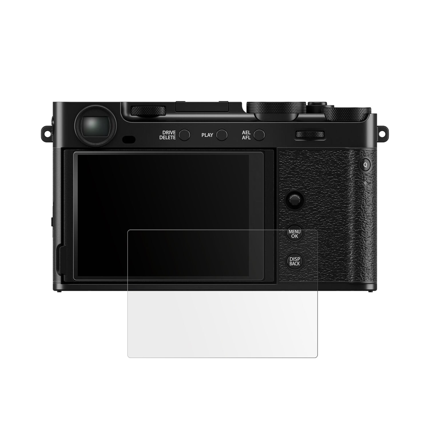 FujifilmX-E5 mit aufgebrachter dipos Displayschutzfolie, die lästige Fingerabdrücke minimiert