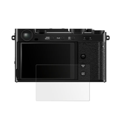 FujifilmX-E5 mit aufgebrachter dipos Displayschutzfolie, die lästige Fingerabdrücke minimiert