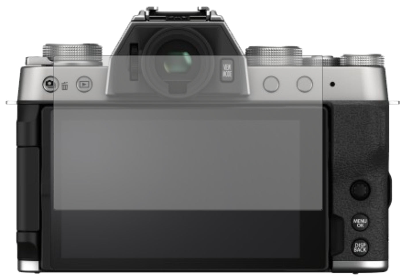 FujifilmX-T200 mit aufgebrachter dipos Displayschutzfolie, die lästige Fingerabdrücke minimiert
