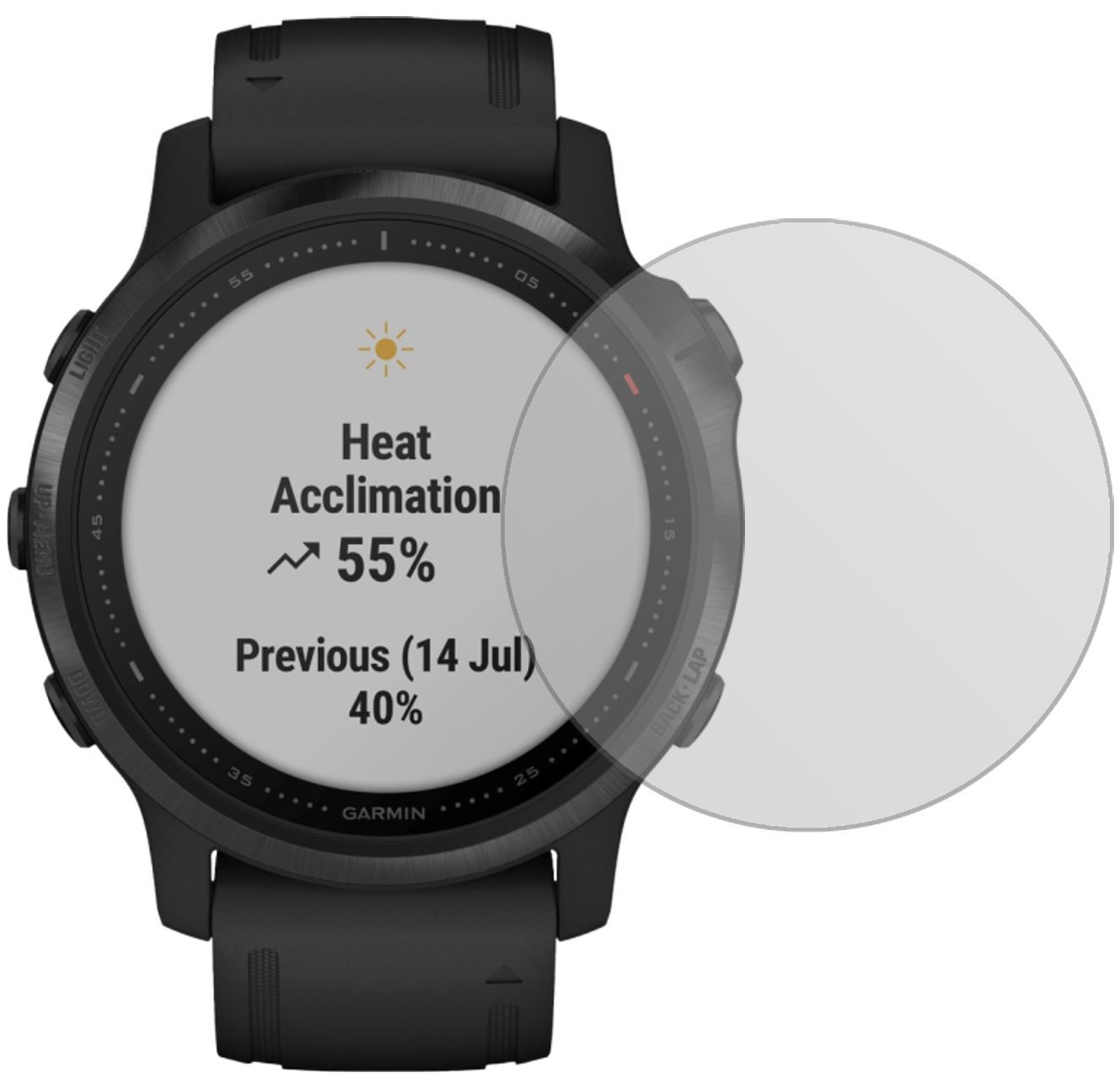 Garminfenix 6S Pro mit aufgebrachter dipos Displayschutzfolie, die lästige Fingerabdrücke minimiert