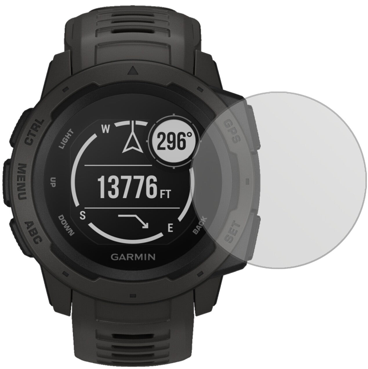 GarminInstinct mit aufgebrachter dipos Displayschutzfolie, die lästige Fingerabdrücke minimiert