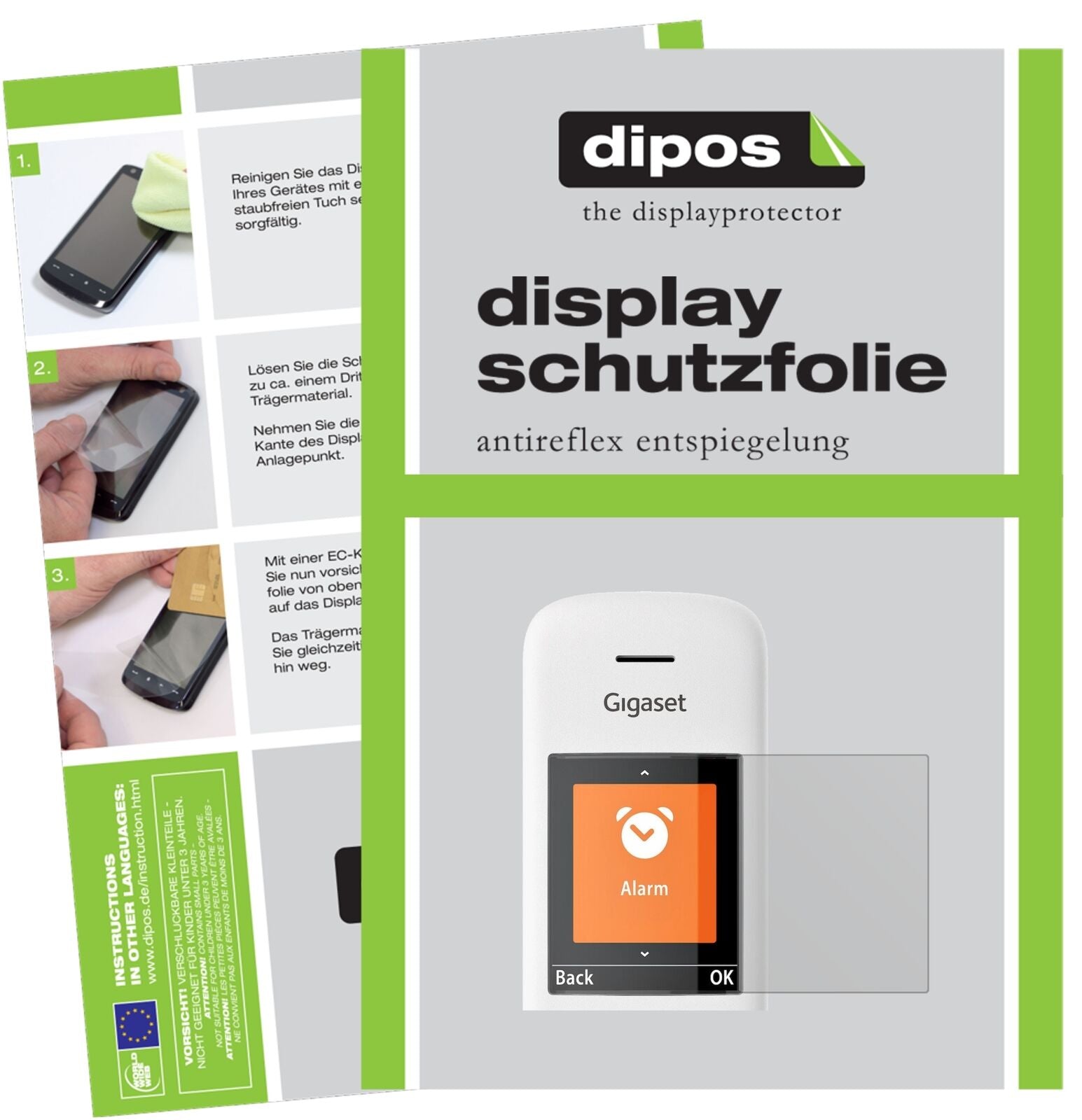 GigasetE370 / E370A mit aufgebrachter dipos Displayschutzfolie, die lästige Fingerabdrücke minimiert