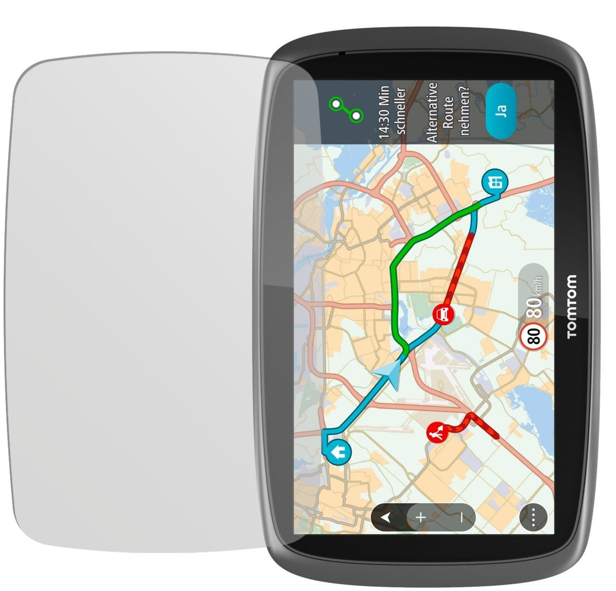 Go 6100 / 610TomTom mit aufgebrachter dipos Displayschutzfolie, die lästige Fingerabdrücke minimiert