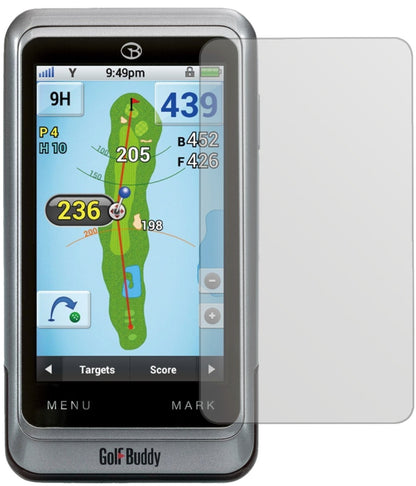 GolfbuddyPlatinum PT4 mit aufgebrachter dipos Displayschutzfolie, die lästige Fingerabdrücke minimiert