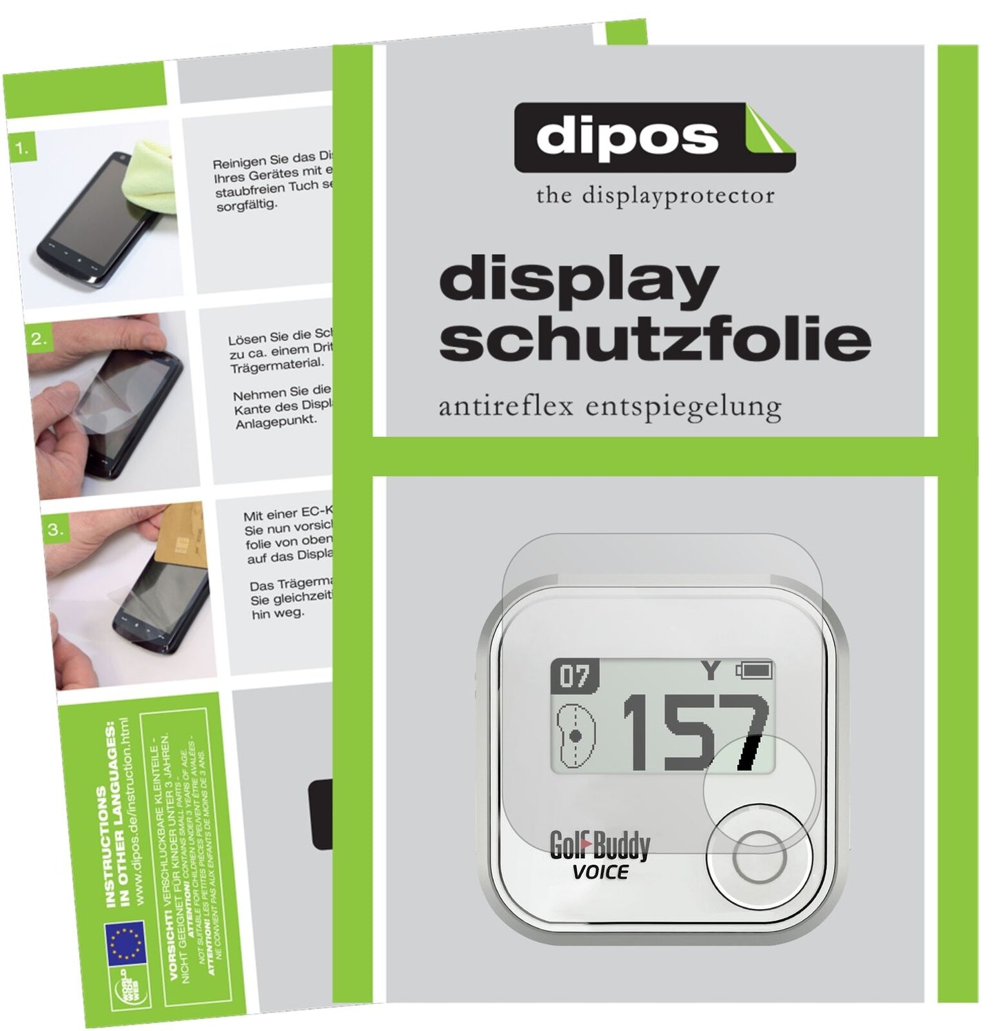 GolfbuddyVoice mit aufgebrachter dipos Displayschutzfolie, die lästige Fingerabdrücke minimiert
