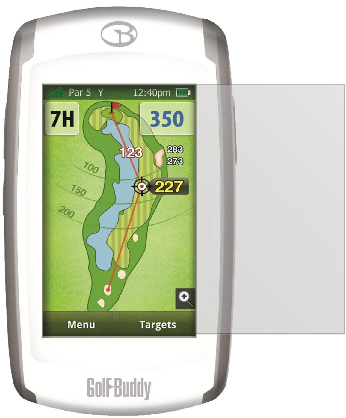 GolfbuddyWorld Platinum 2 mit aufgebrachter dipos Displayschutzfolie, die lästige Fingerabdrücke minimiert