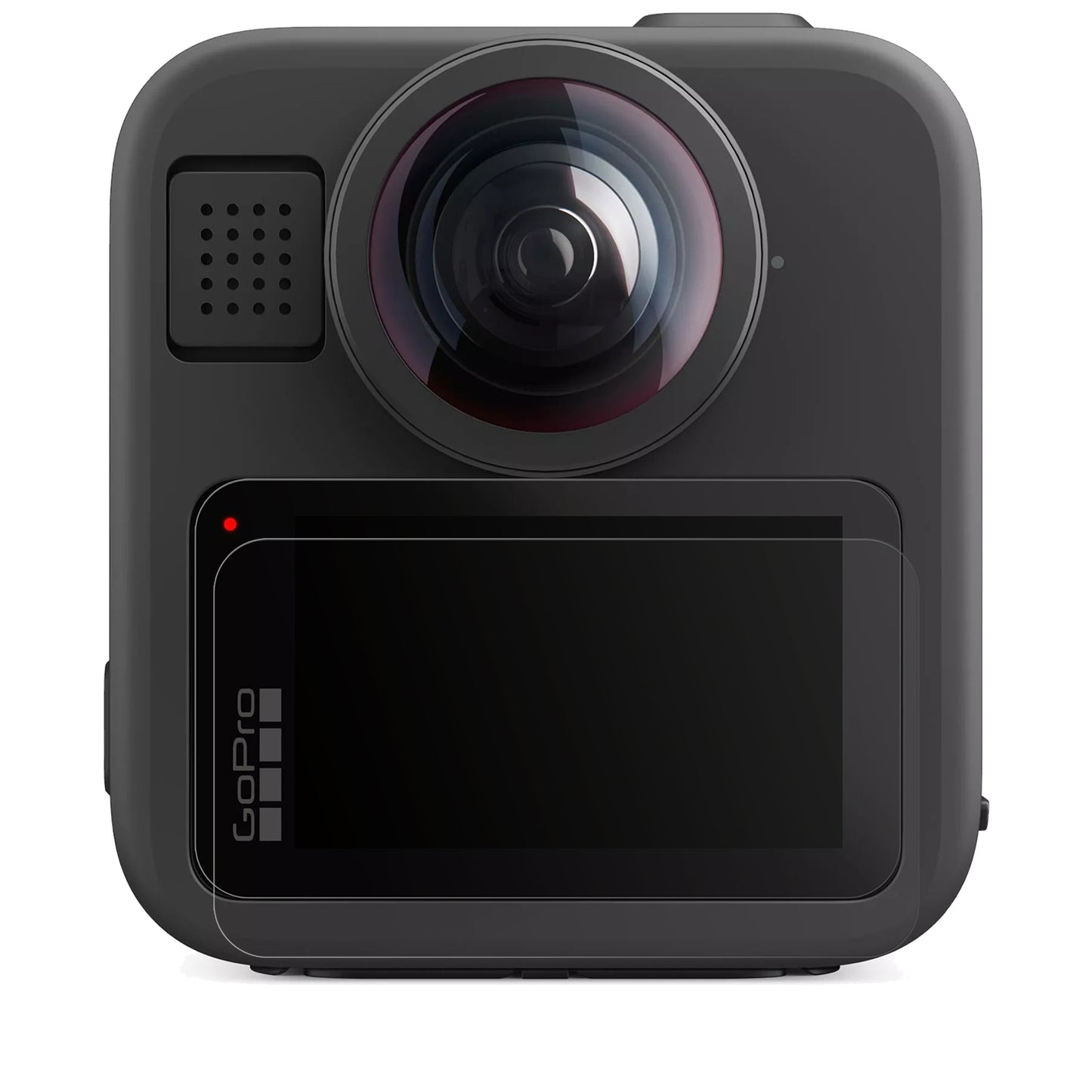 GoProMax 2 mit aufgebrachter dipos Displayschutzfolie, die lästige Fingerabdrücke minimiert
