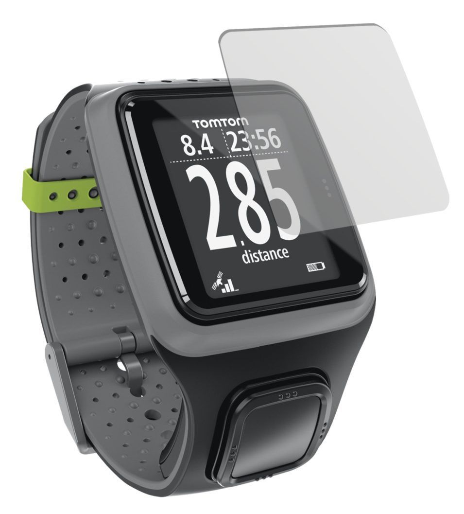 GPS Sportuhr Multisport CardioTomTom mit aufgebrachter dipos Displayschutzfolie, die lästige Fingerabdrücke minimiert