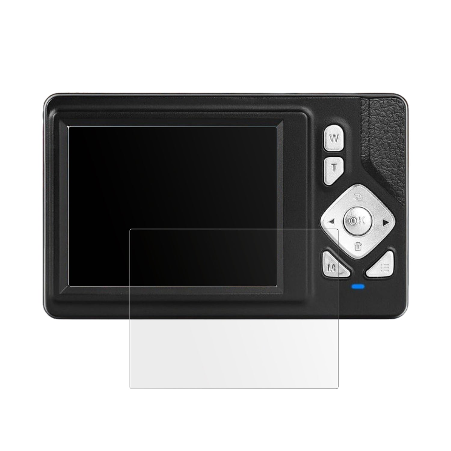 HERBYDCD-W8 Digitalkamera mit aufgebrachter dipos Displayschutzfolie, die lästige Fingerabdrücke minimiert