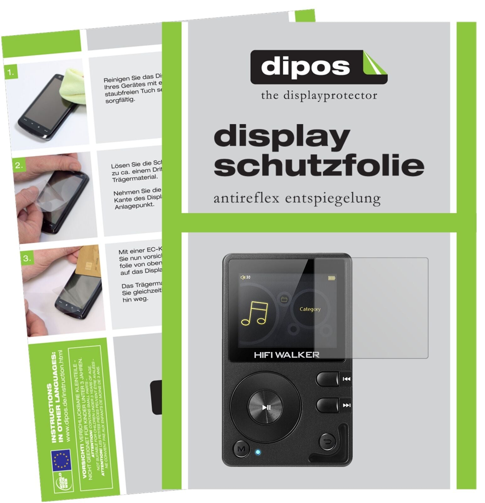 HIFIWALKER H2 MP3-Player mit aufgebrachter dipos Displayschutzfolie, die lästige Fingerabdrücke minimiert
