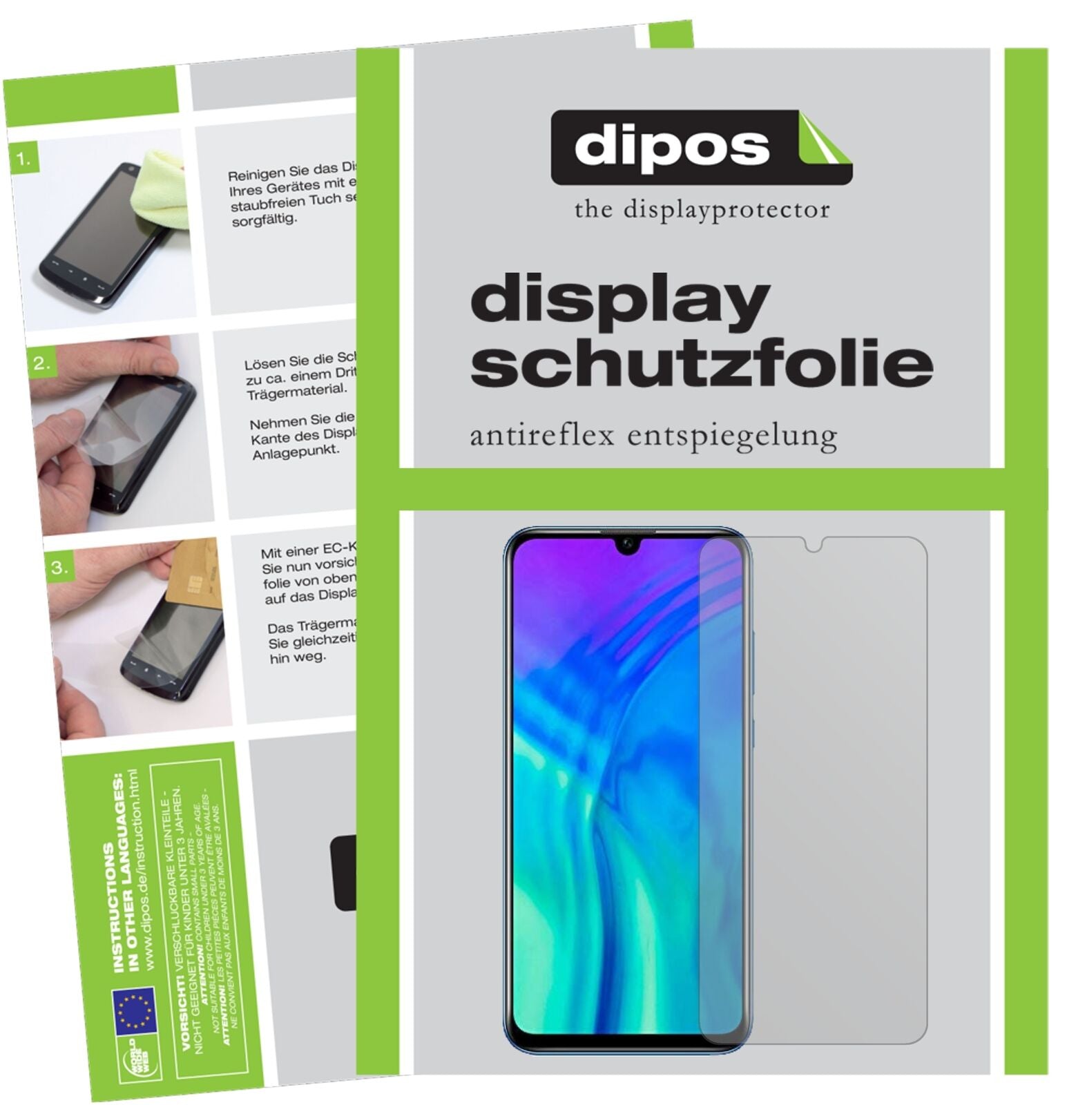 Honor20 lite mit aufgebrachter dipos Displayschutzfolie, die lästige Fingerabdrücke minimiert