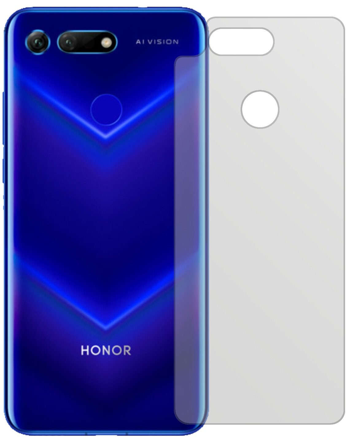 HonorV20 Rückseite mit aufgebrachter dipos Displayschutzfolie, die lästige Fingerabdrücke minimiert