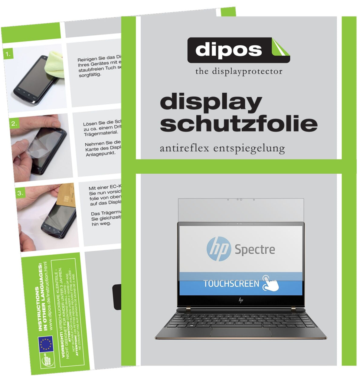 HPSpectre 13-af033ng mit aufgebrachter dipos Displayschutzfolie, die lästige Fingerabdrücke minimiert