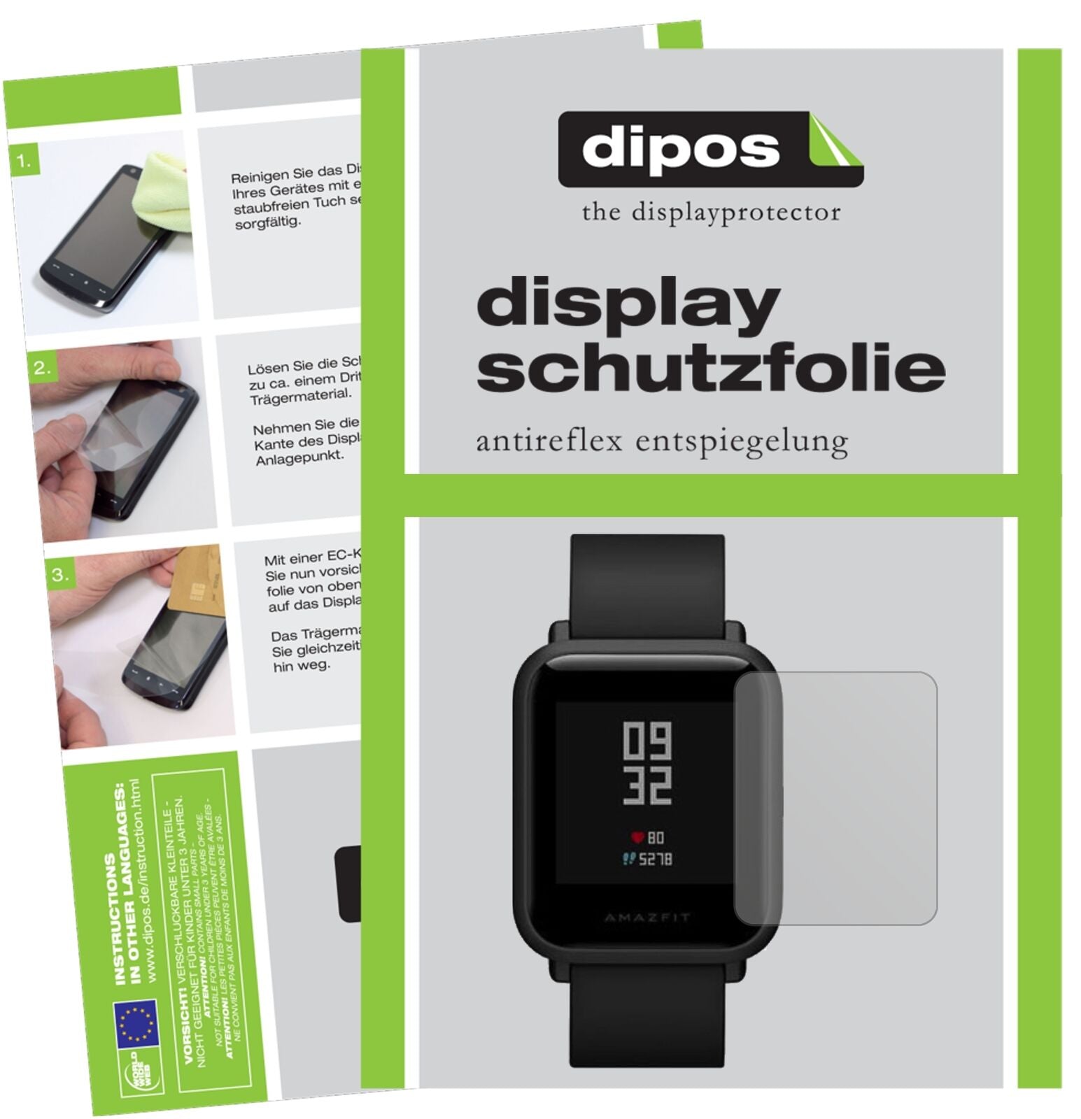 HuamiAmazfit Bip mit aufgebrachter dipos Displayschutzfolie, die lästige Fingerabdrücke minimiert