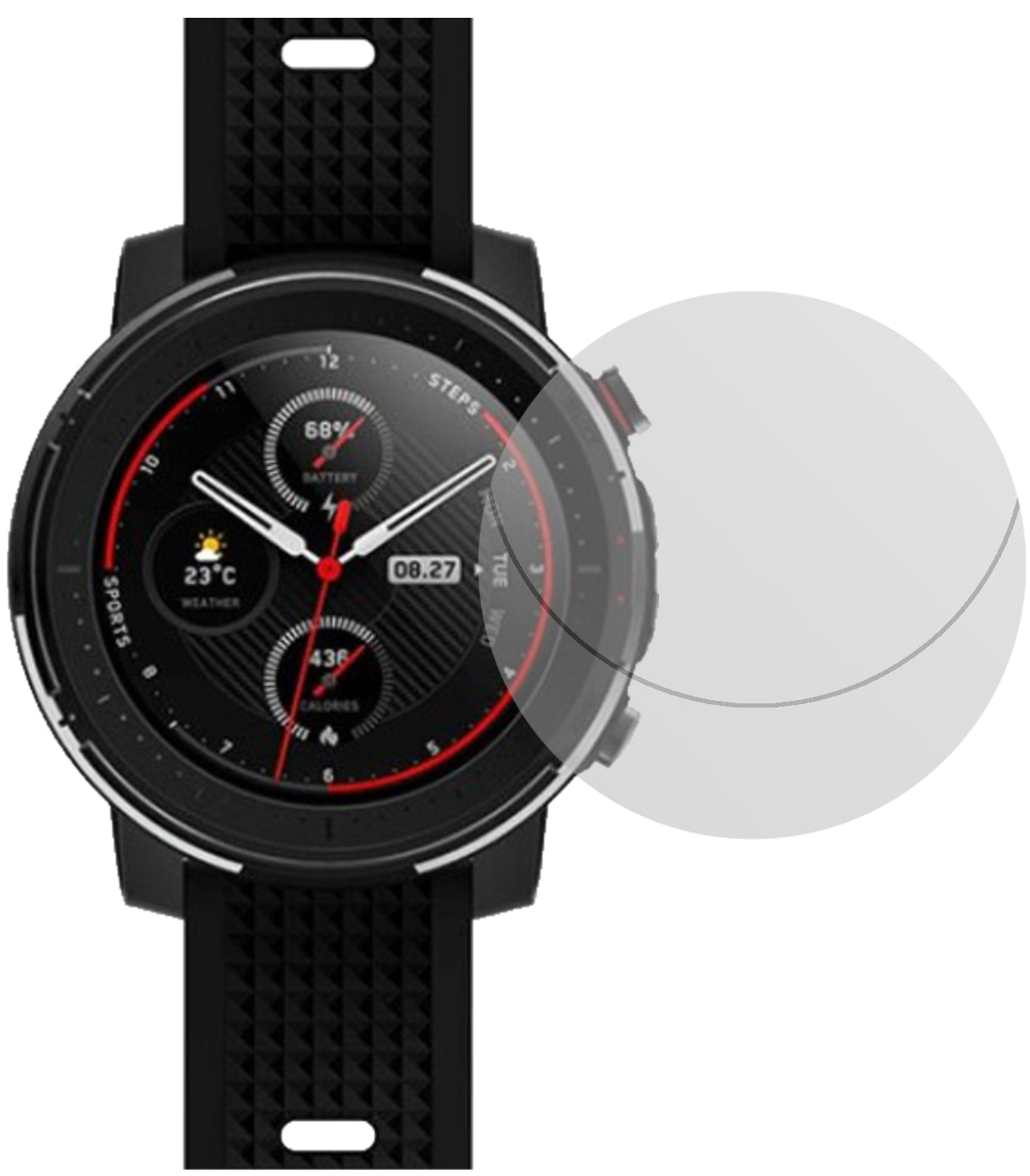 HuamiAmazfit Stratos 3 mit aufgebrachter dipos Displayschutzfolie, die lästige Fingerabdrücke minimiert