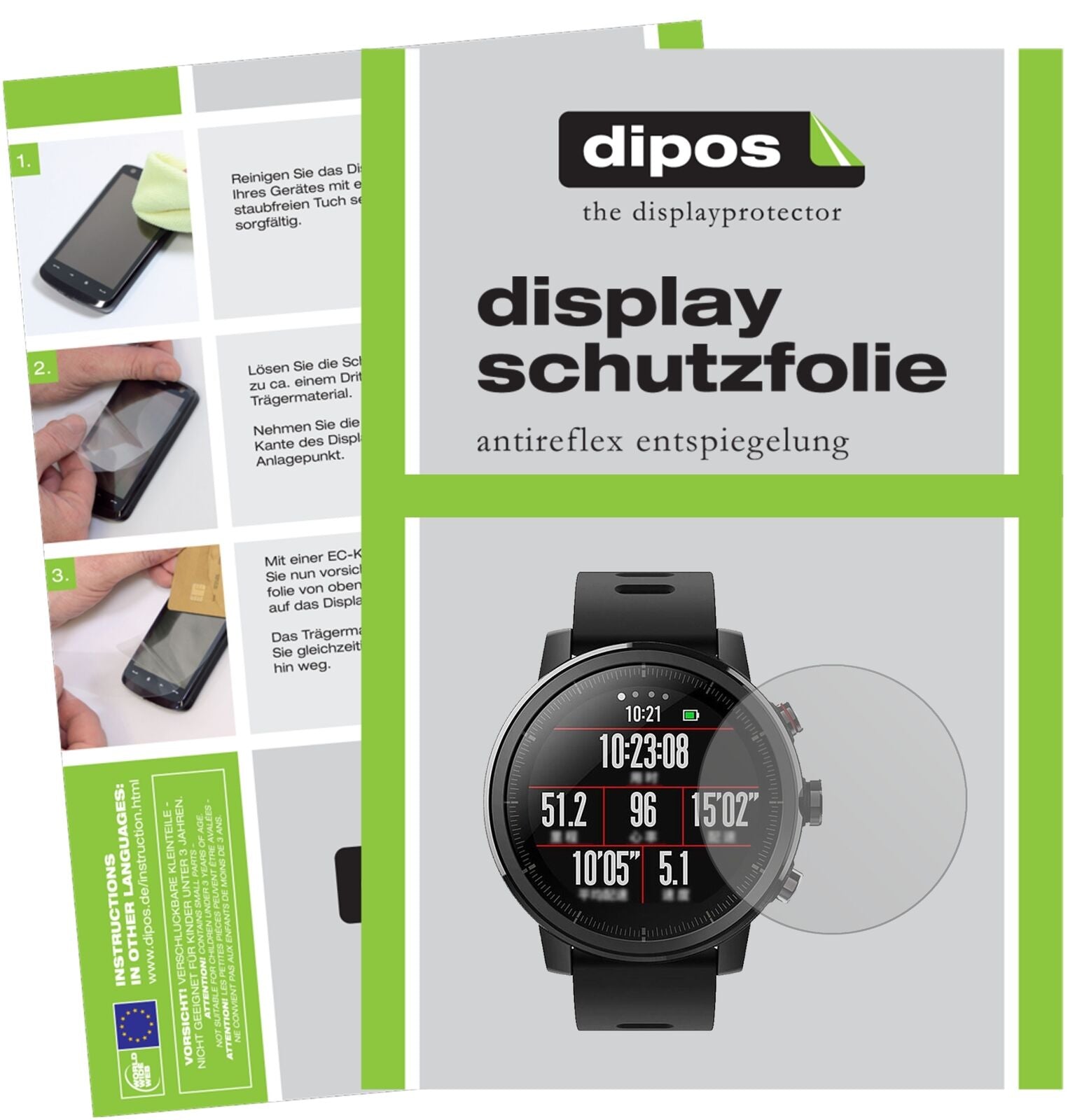 HuamiAmazfit Stratos mit aufgebrachter dipos Displayschutzfolie, die lästige Fingerabdrücke minimiert