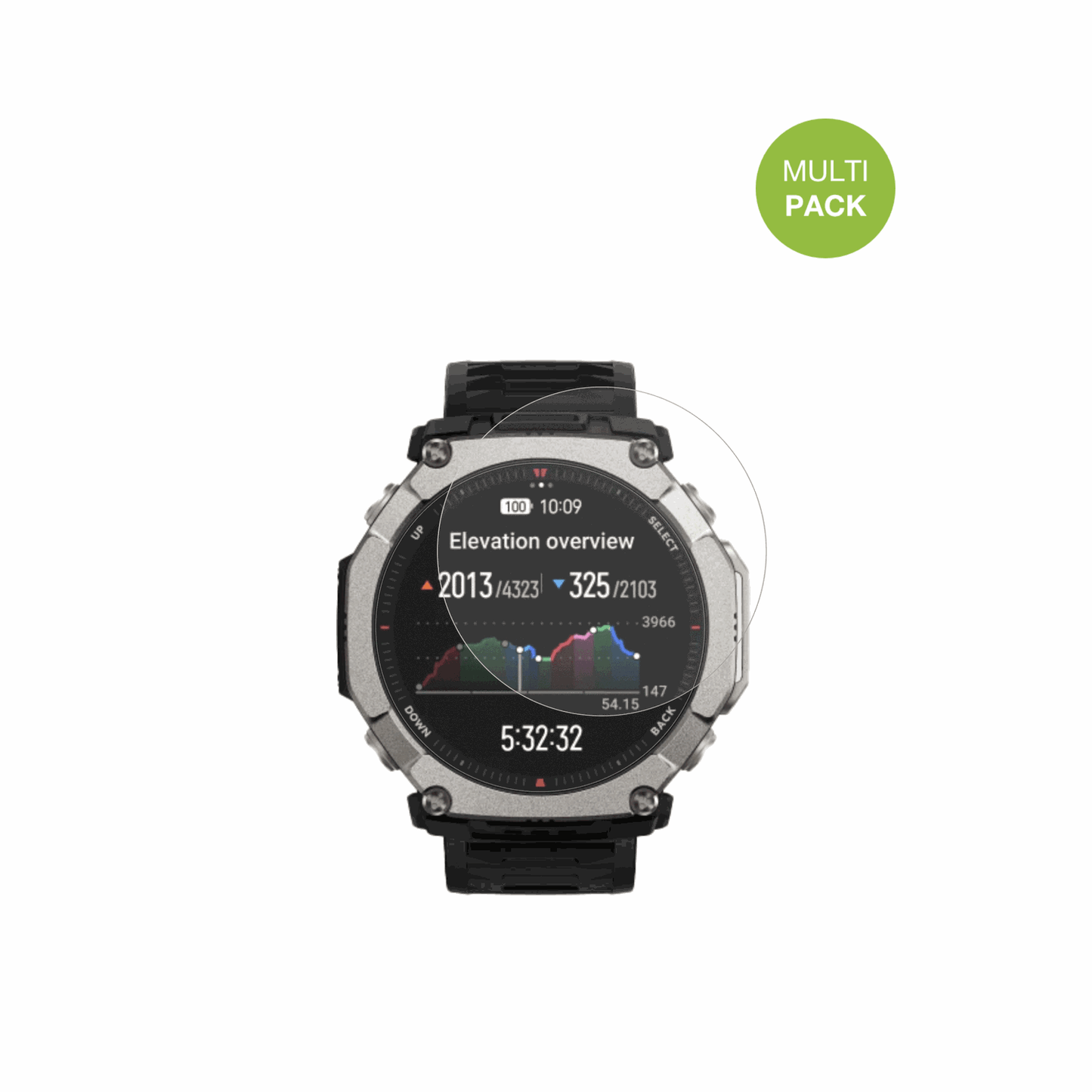 HuamiAmazfit T-Rex Ultra 2 mit aufgebrachter dipos Displayschutzfolie, die lästige Fingerabdrücke minimiert
