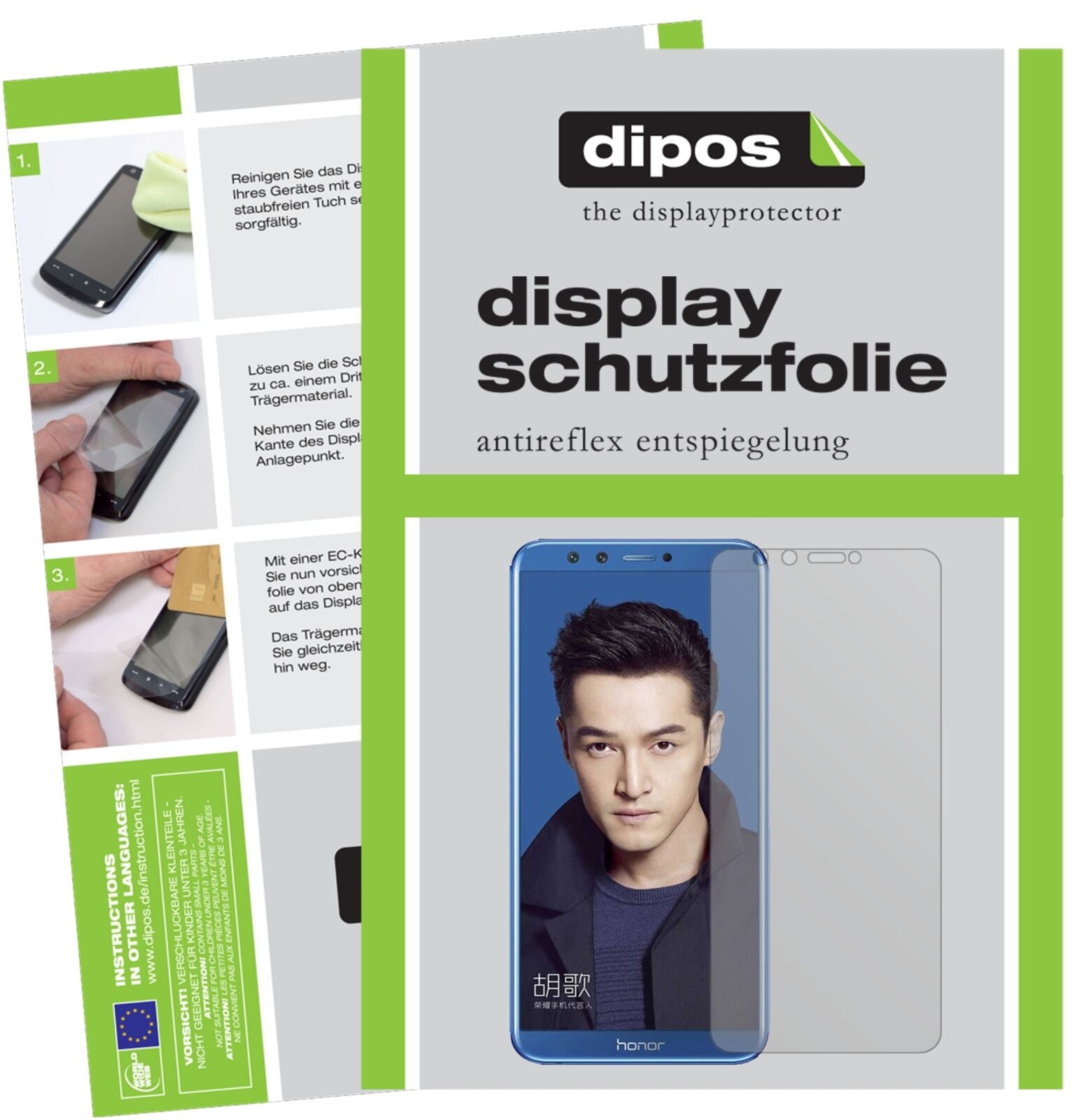 HuaweiHonor 9 Lite mit aufgebrachter dipos Displayschutzfolie, die lästige Fingerabdrücke minimiert