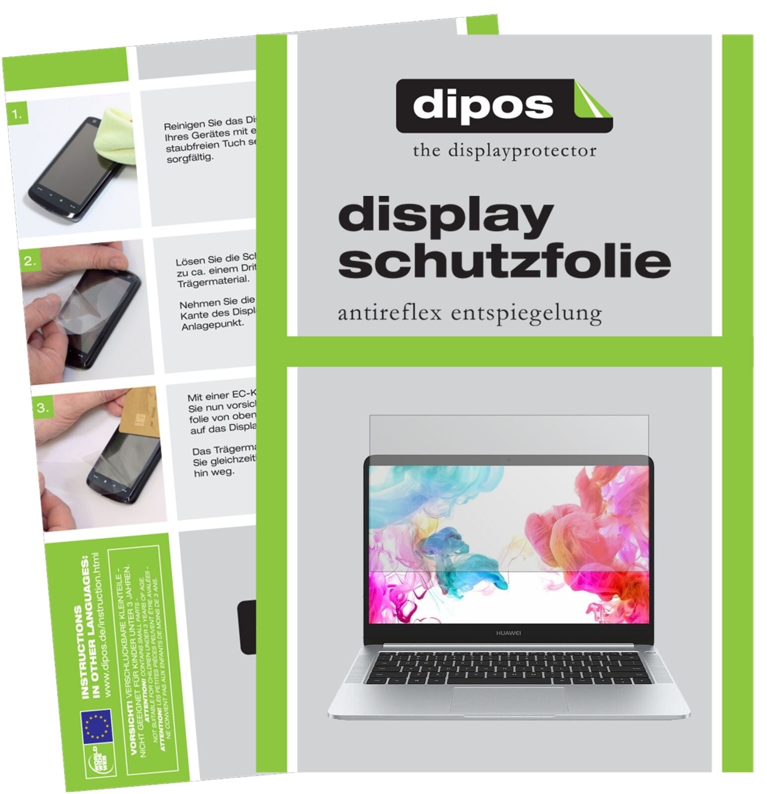 HuaweiMateBook D mit aufgebrachter dipos Displayschutzfolie, die lästige Fingerabdrücke minimiert