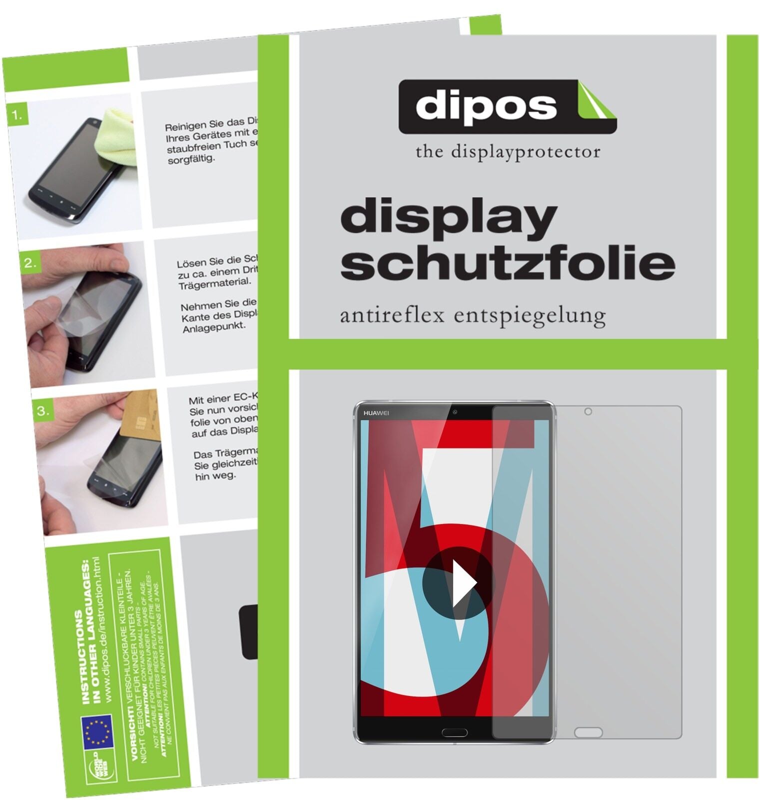 HuaweiMediapad M5 8 Zoll mit aufgebrachter dipos Displayschutzfolie, die lästige Fingerabdrücke minimiert