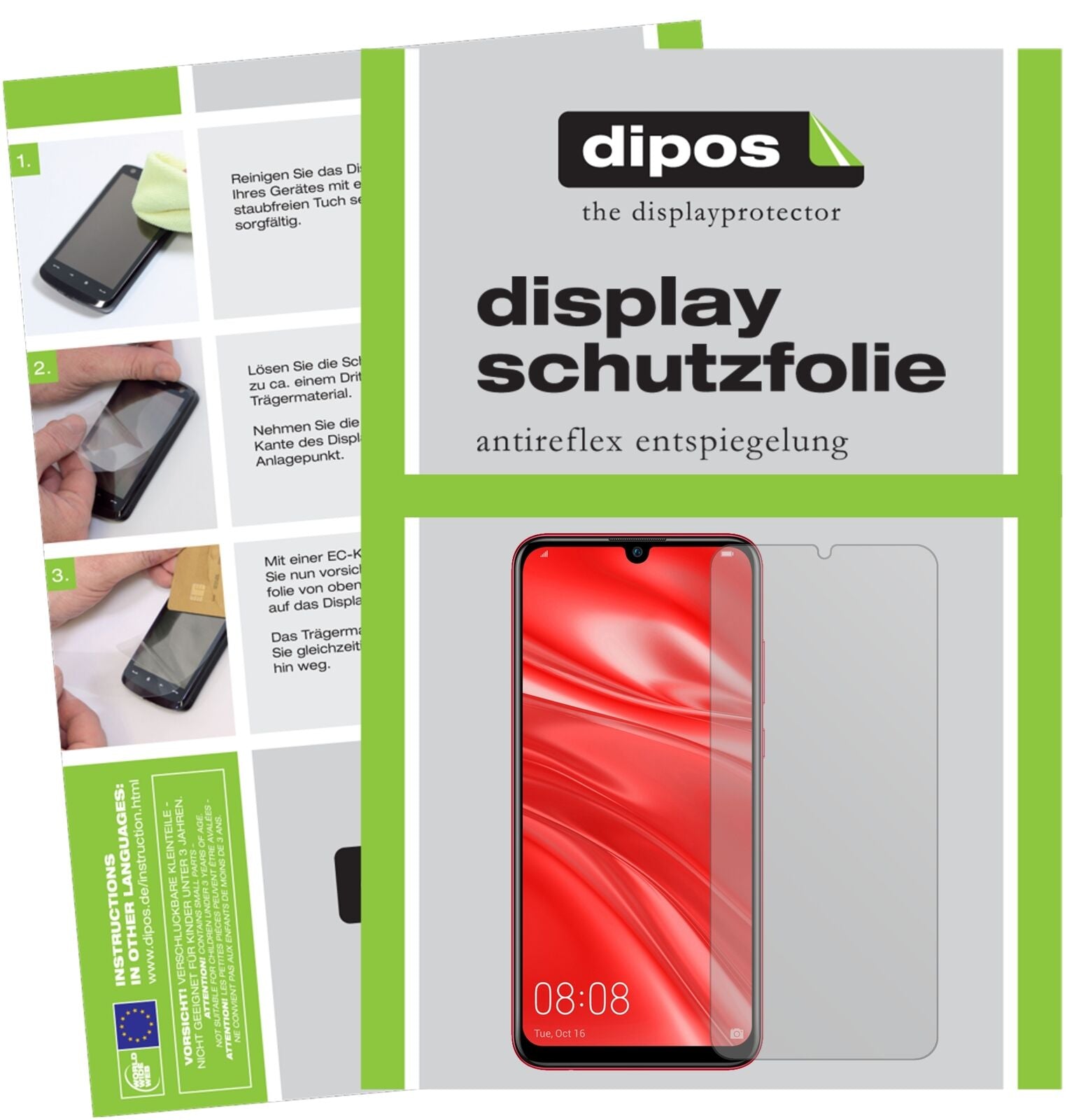 HuaweiNova Lite 3 mit aufgebrachter dipos Displayschutzfolie, die lästige Fingerabdrücke minimiert