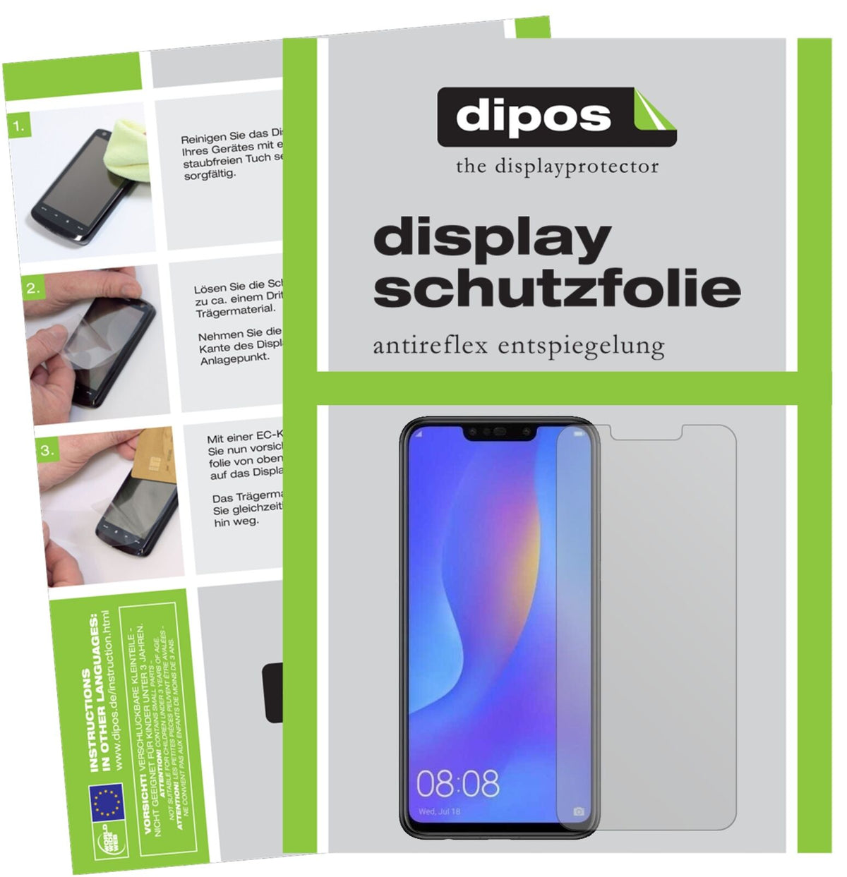 HuaweiP Smart Plus mit aufgebrachter dipos Displayschutzfolie, die lästige Fingerabdrücke minimiert