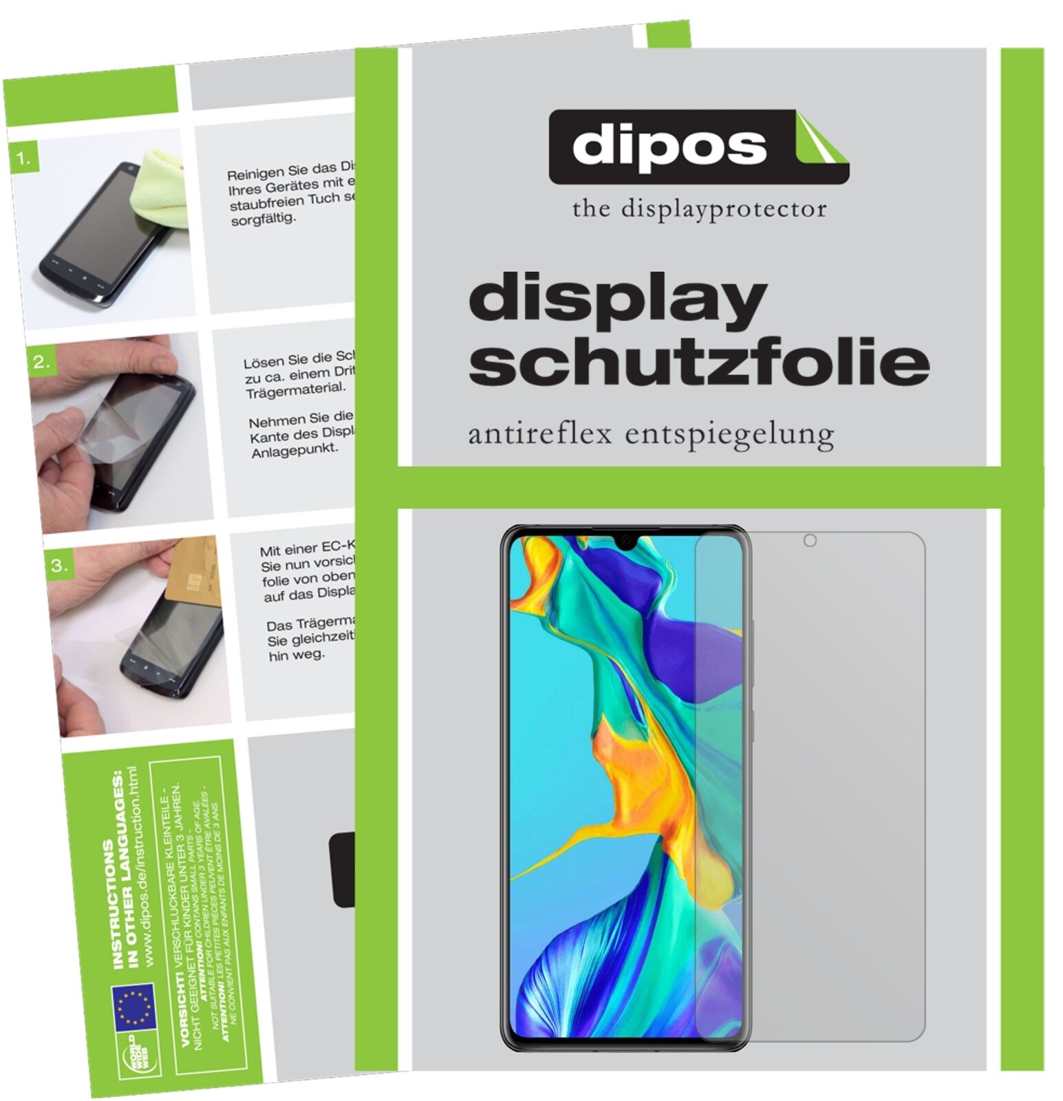 HuaweiP30 mit aufgebrachter dipos Displayschutzfolie, die lästige Fingerabdrücke minimiert