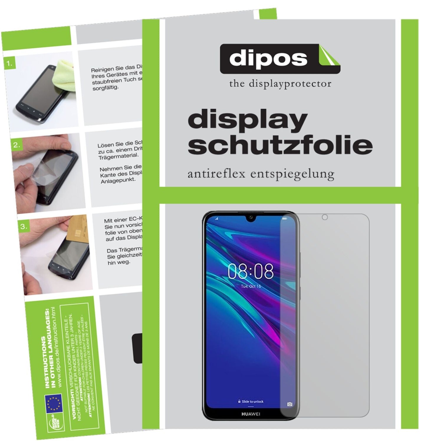 HuaweiY6 (2019) mit aufgebrachter dipos Displayschutzfolie, die lästige Fingerabdrücke minimiert