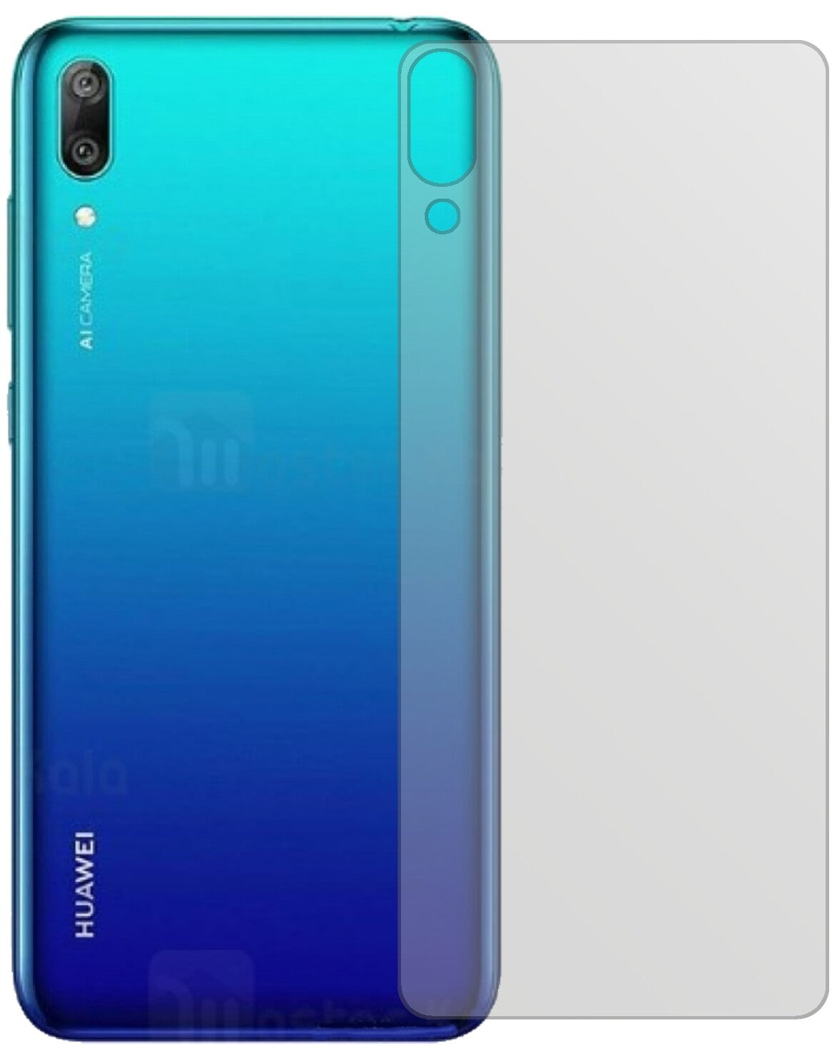 HuaweiY7 Pro (2019) Rückseite mit aufgebrachter dipos Displayschutzfolie, die lästige Fingerabdrücke minimiert
