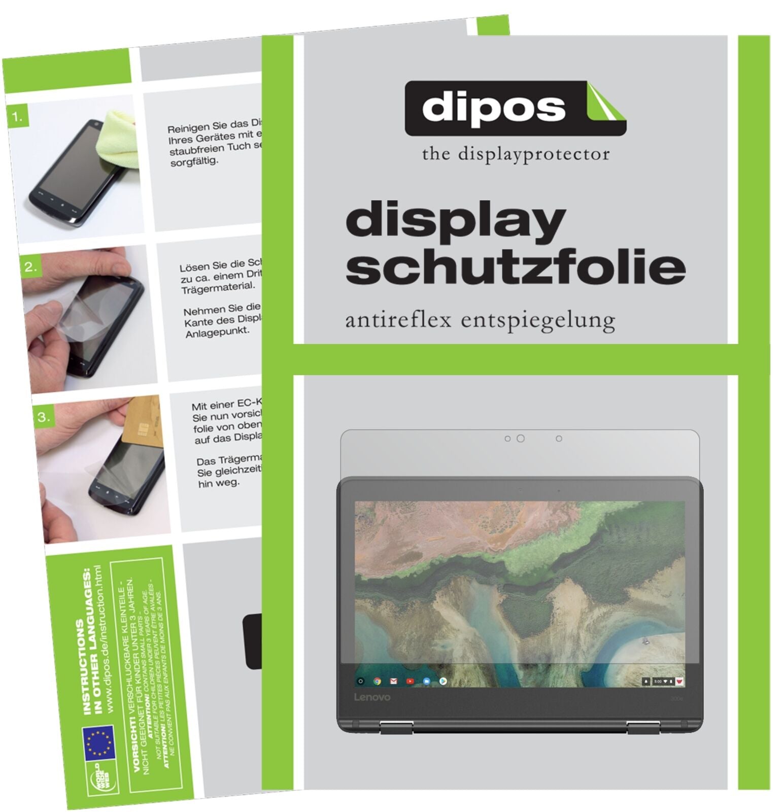Lenovo300e Chromebook mit aufgebrachter dipos Displayschutzfolie, die lästige Fingerabdrücke minimiert