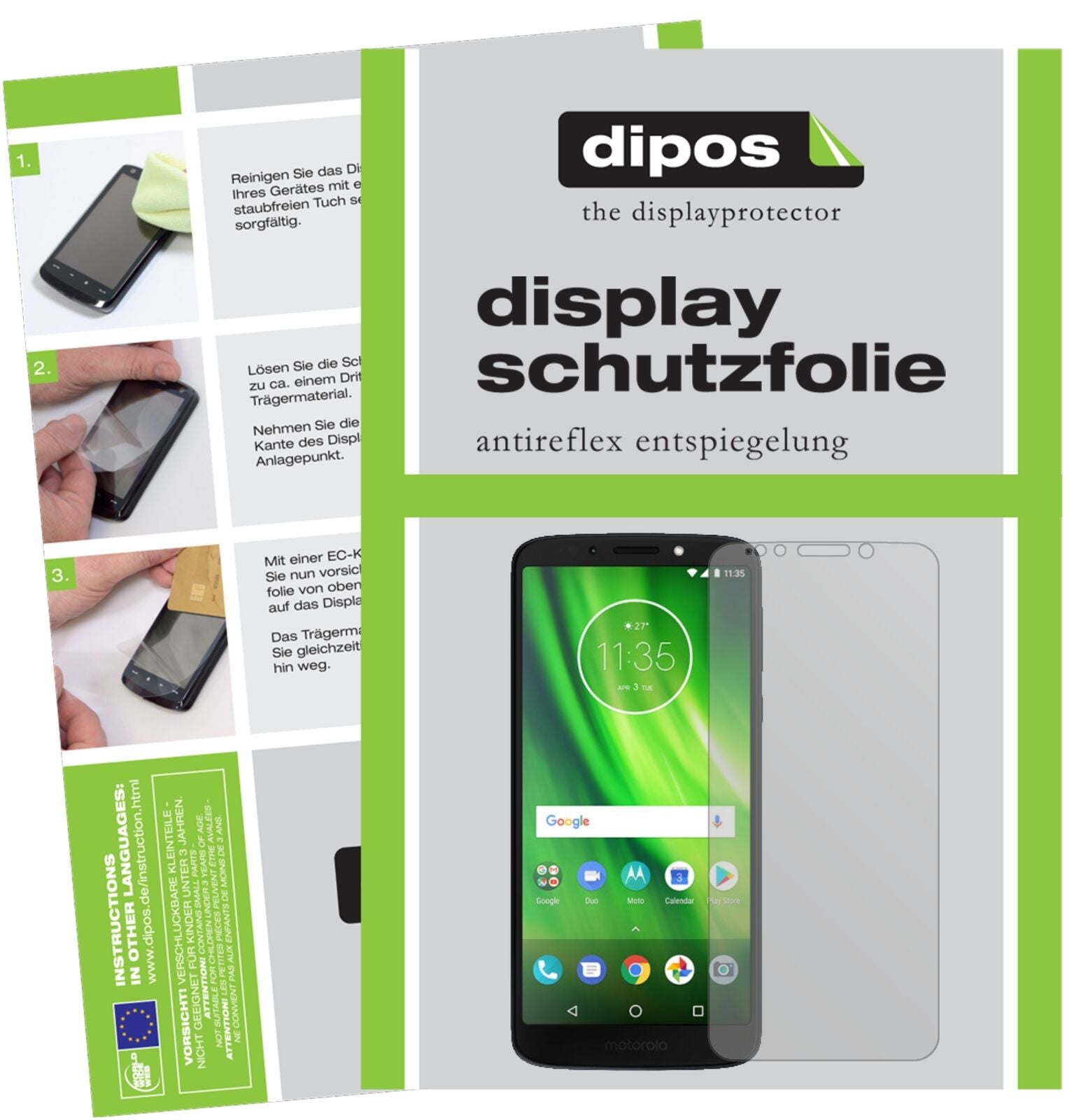 LenovoMoto G6 Play mit aufgebrachter dipos Displayschutzfolie, die lästige Fingerabdrücke minimiert
