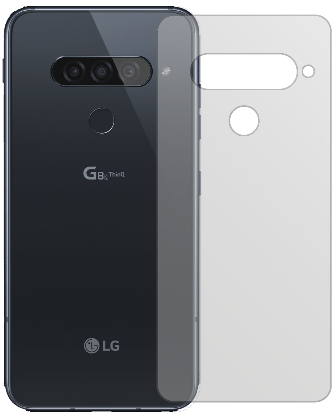 LGG8s ThinQ Rückseite mit aufgebrachter dipos Displayschutzfolie, die lästige Fingerabdrücke minimiert