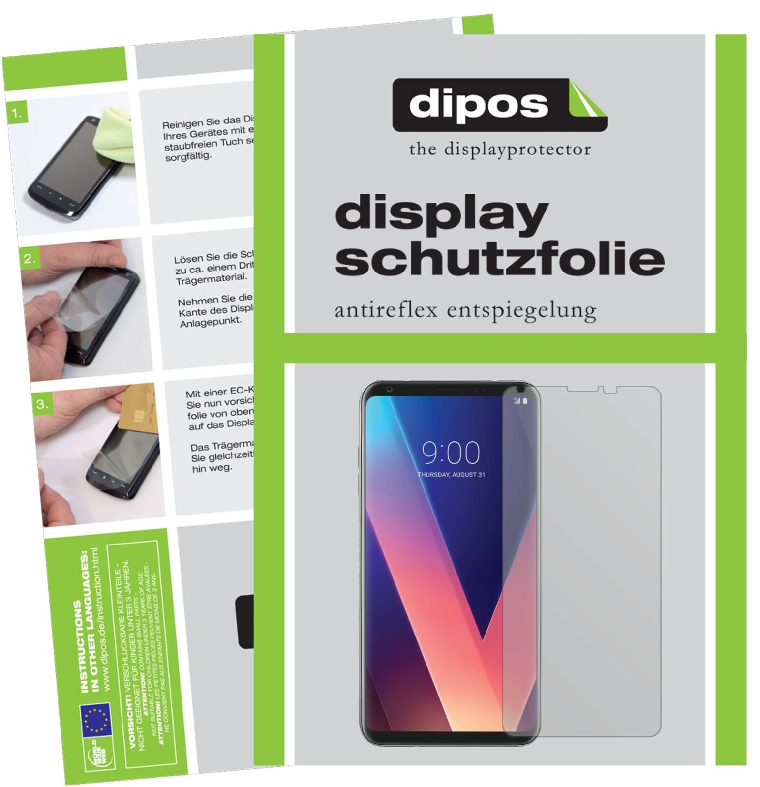 LGV30 Plus mit aufgebrachter dipos Displayschutzfolie, die lästige Fingerabdrücke minimiert