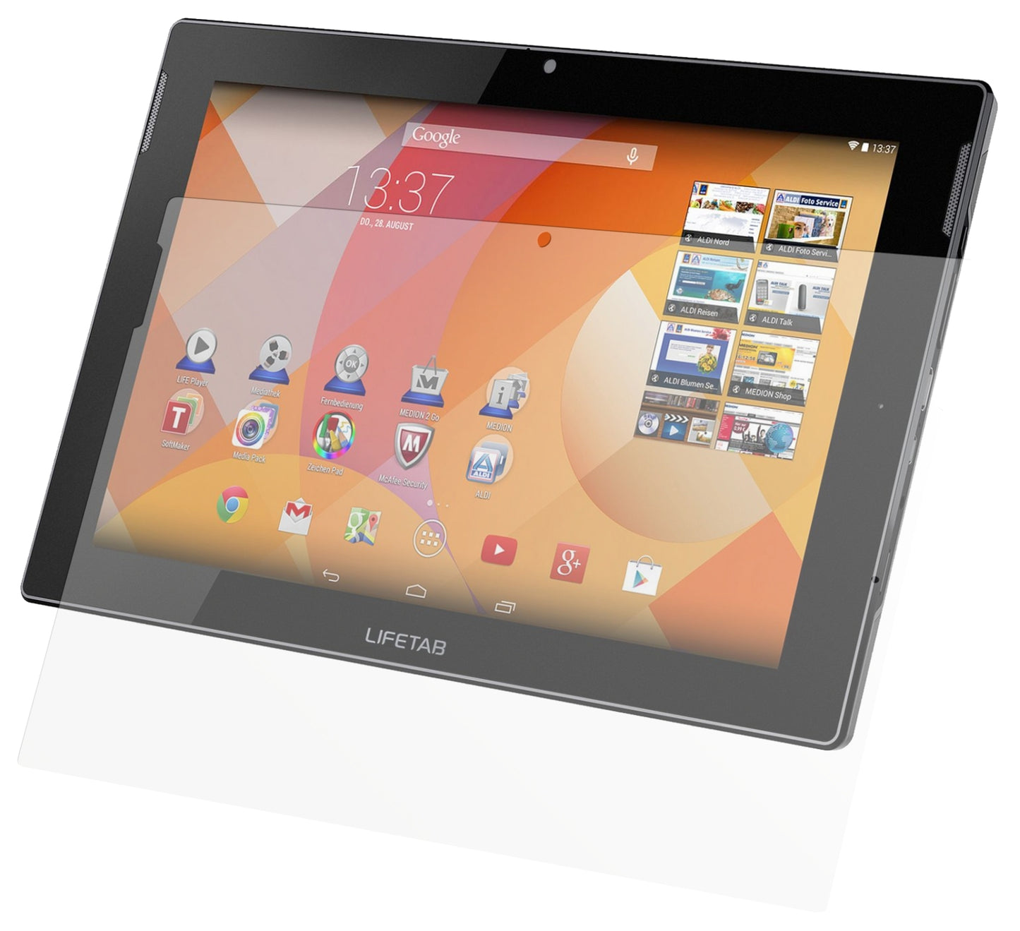 Lifetab S10334 / S10345 / S10346Medion mit aufgebrachter dipos Displayschutzfolie, die lästige Fingerabdrücke minimiert