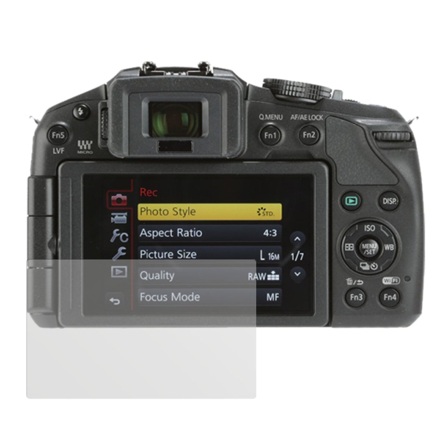 Lumix G6Panasonic mit aufgebrachter dipos Displayschutzfolie, die lästige Fingerabdrücke minimiert