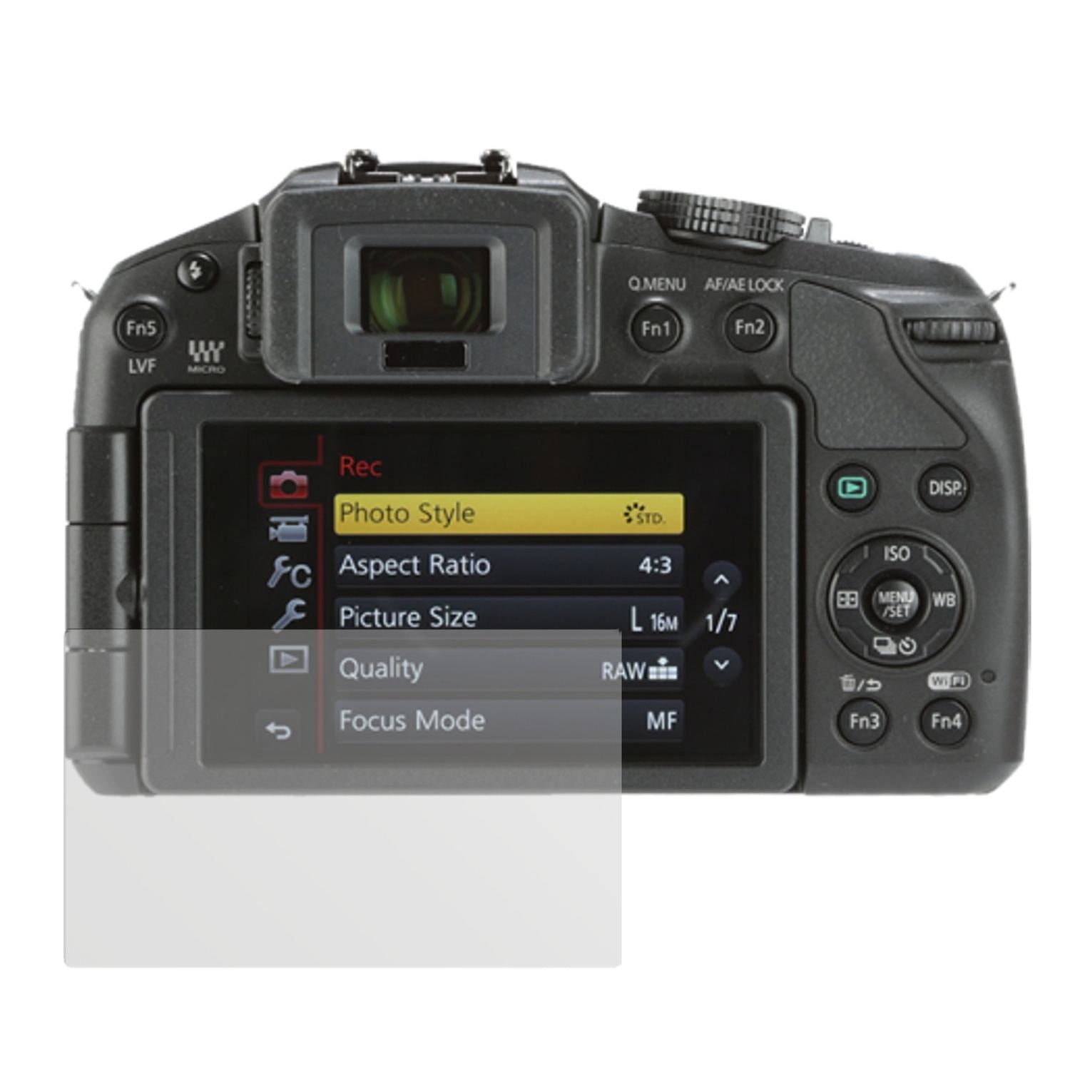 Lumix G6Panasonic mit aufgebrachter dipos Displayschutzfolie, die lästige Fingerabdrücke minimiert