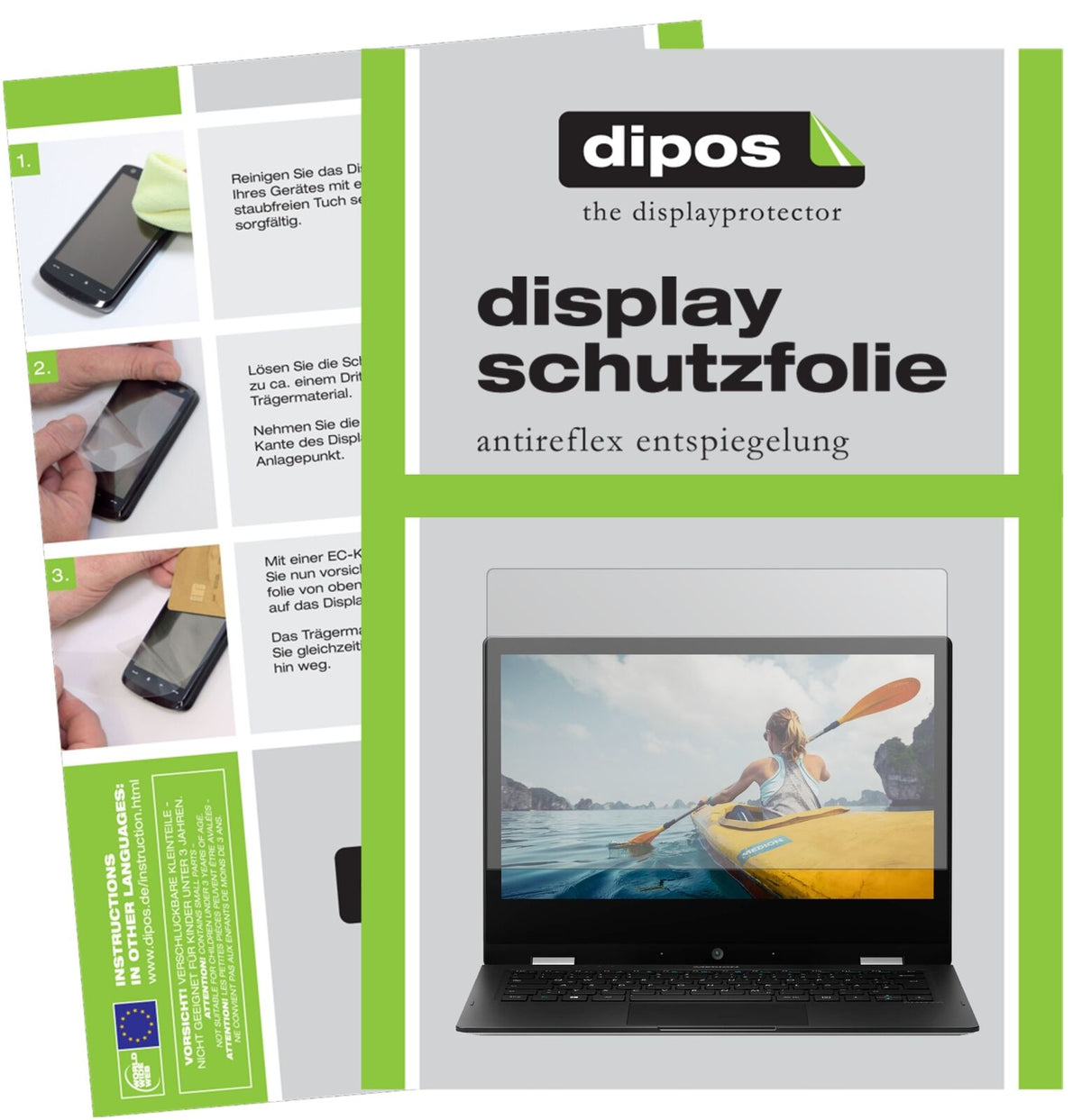 MedionAkoya E3222 mit aufgebrachter dipos Displayschutzfolie, die lästige Fingerabdrücke minimiert