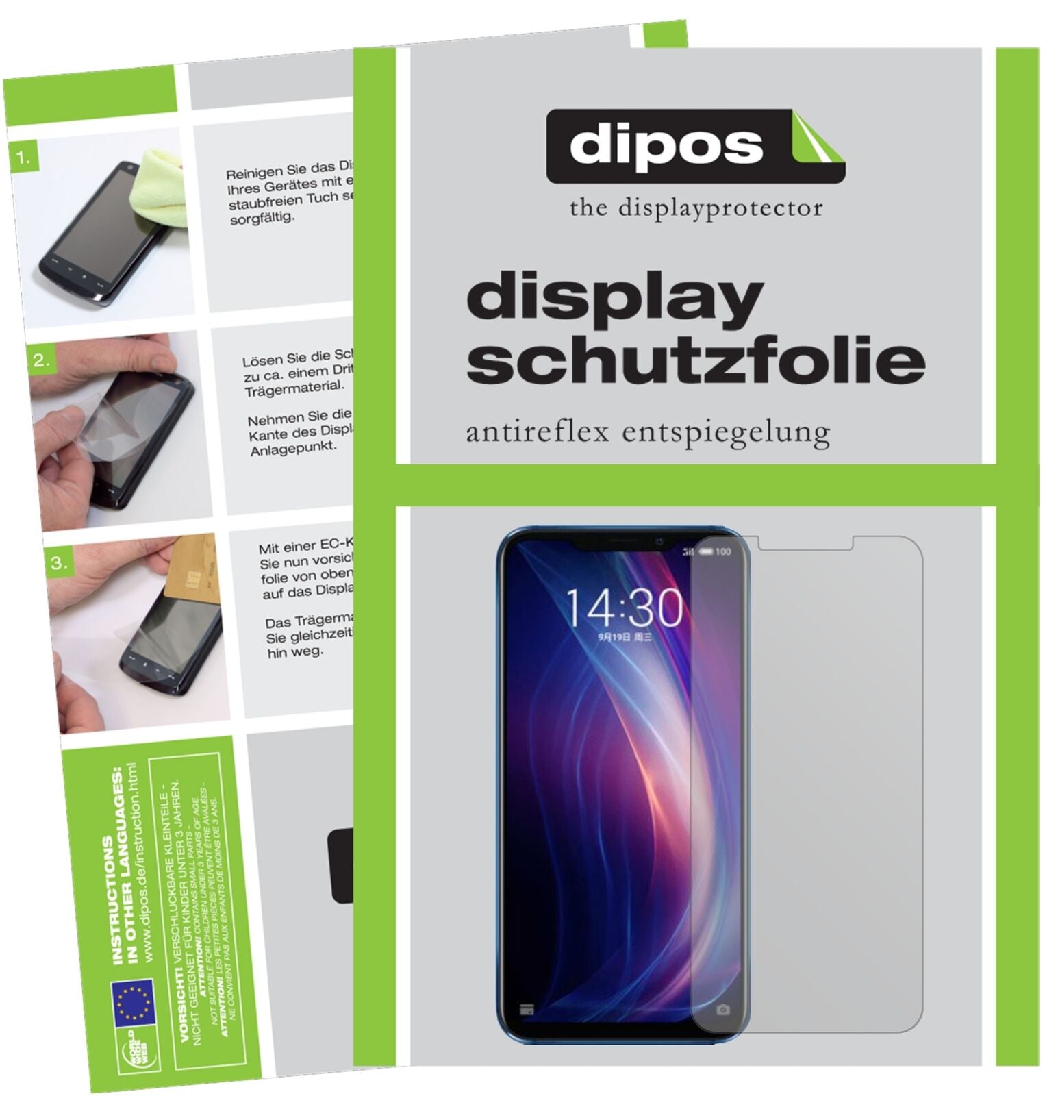 MeizuX8 mit aufgebrachter dipos Displayschutzfolie, die lästige Fingerabdrücke minimiert