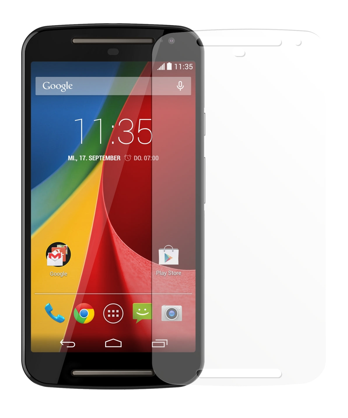 Moto G 2.GenerationMotorola mit aufgebrachter dipos Displayschutzfolie, die lästige Fingerabdrücke minimiert
