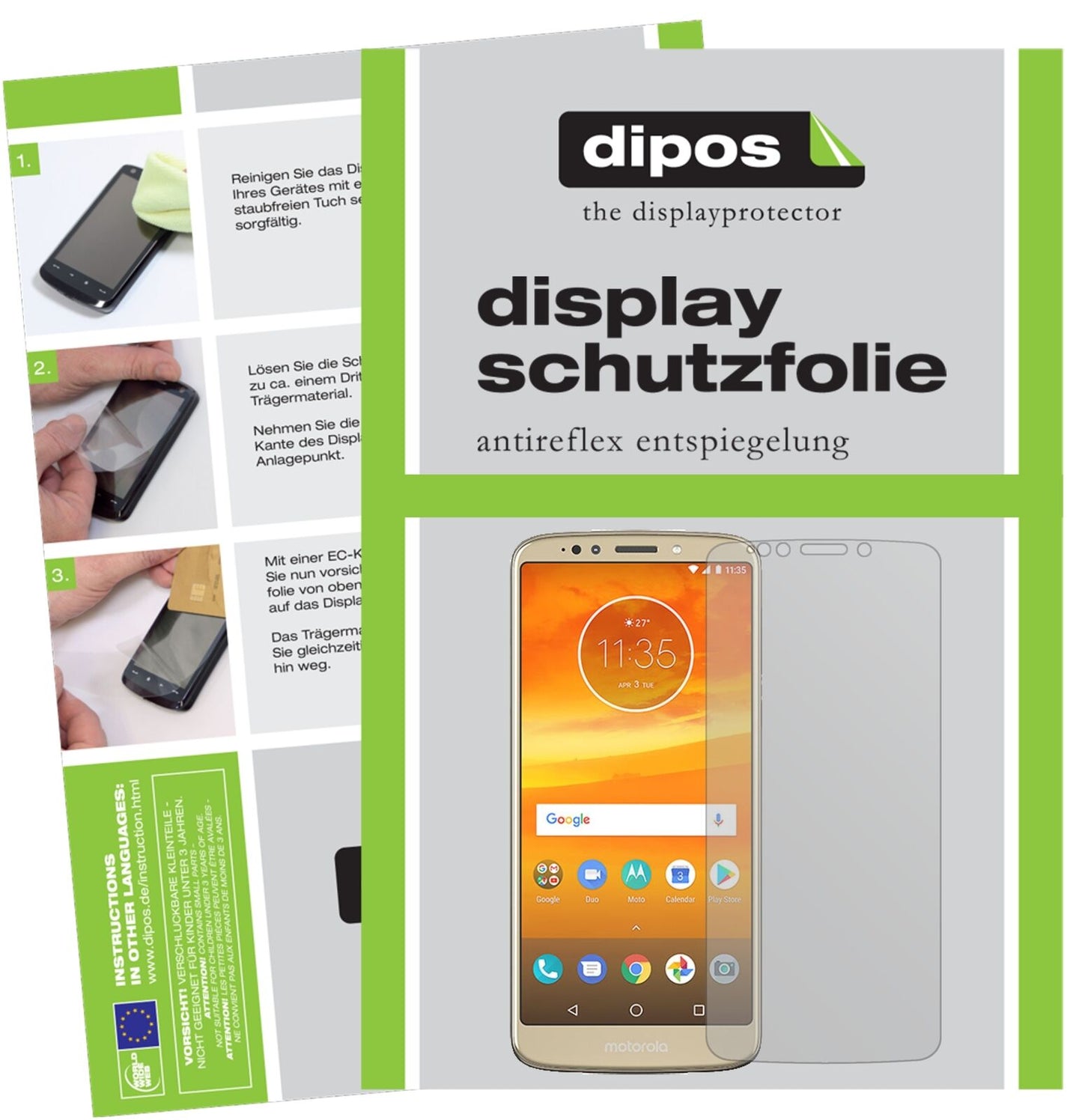 MotorolaMoto E5 mit aufgebrachter dipos Displayschutzfolie, die lästige Fingerabdrücke minimiert
